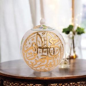 Ceramic Decorative Jar, Divine Script Jar, Turkish Ceramic Jar with Lid, Handmade Jar for Living Room Decor, Golden Globe Jar, Ideal Gift