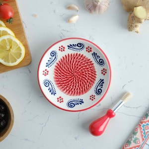 Ceramic Garlic Grater Plate, Handmade Ceramic Grater, Ginger Grater with Brush, Grater Plate for Chocolate & Cheese, Vegetable Rub Plate