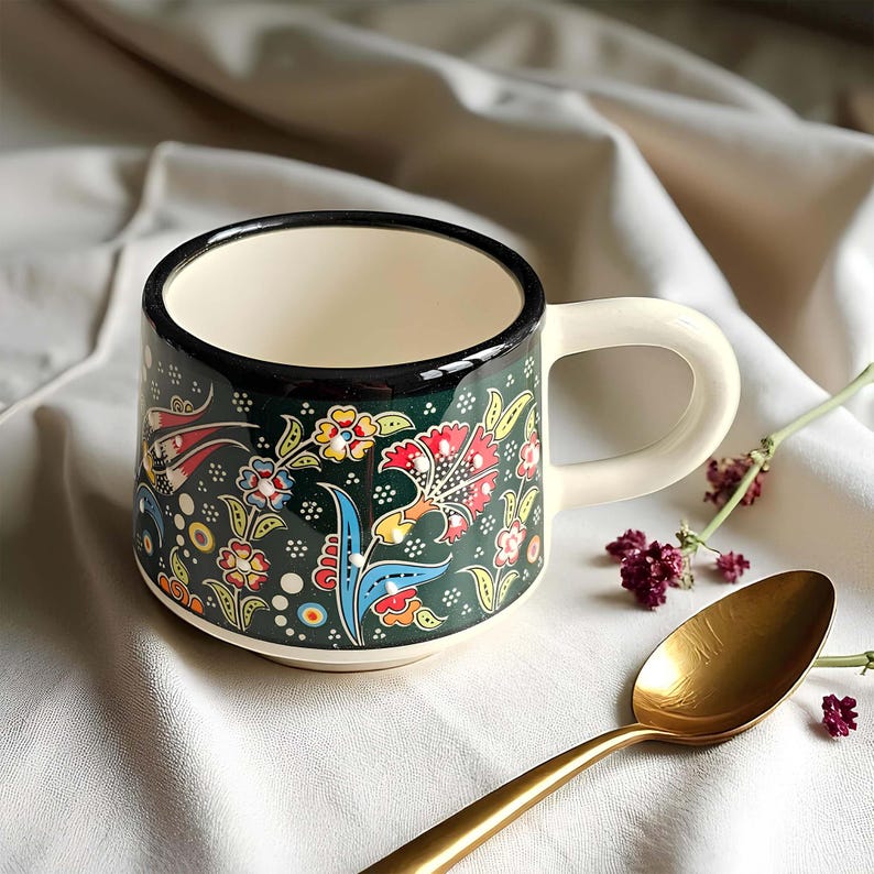 Ceramic Coffee Cups with Handle, 7 Oz Coffee Cups, Espresso Cups, Hand-Painted Handle Coffee Mug, Ceramic Cups Gift for Coffee Lover