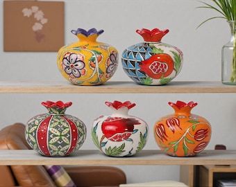 Hand Painted Ceramic Pomegranate Vase, Colorful Turkish Floral Decorative Pomegranate, Mediterranean Ceramic Home Accent Ornament