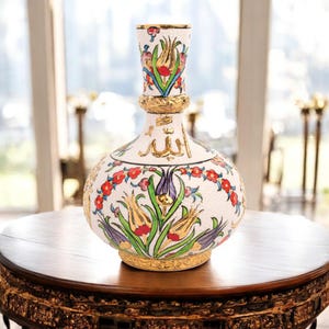 Ceramic Decorative Vase, Islamic Floral Vase, Handmade Golden Ceramic Vase, Turkish Style Vase for Tabletop Decor, Unique Home Vase Gift