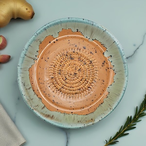 Handmade Ceramic Garlic Grater Bowl, 7" Glazed Grating Plate for Garlic, Cheese & Chocolate