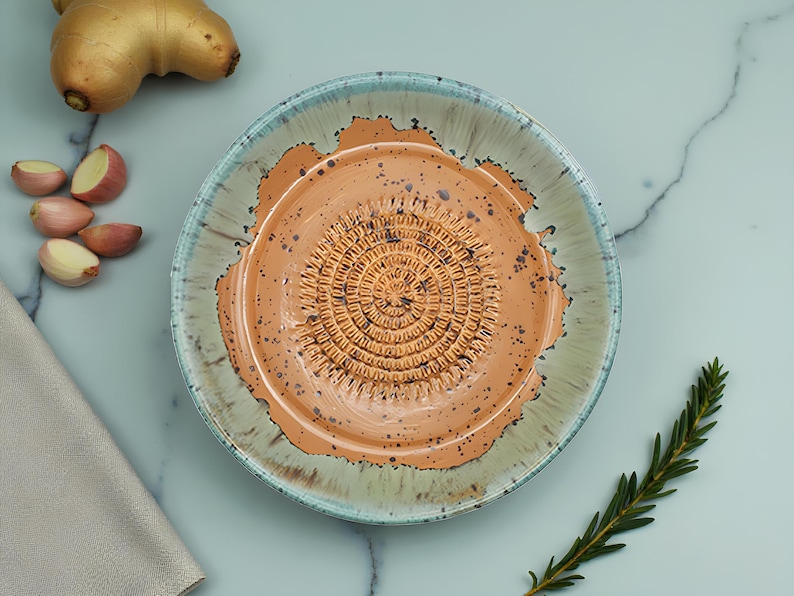 Handmade Ceramic Garlic Grater Bowl, 7" Glazed Grating Plate for Garlic, Cheese & Chocolate