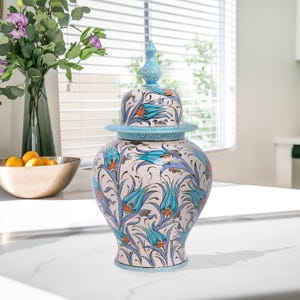 Ceramic Decorative Jar, Blue Tulip Jar, Unique Decorative Ceramic Jar, Handmade Jar with Lid, Turkish Jar for Home Decor, Luxury Jar Gift