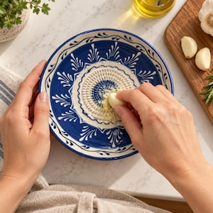 Ceramic Garlic Grater Bowl, 7" Ginger Grinder Plate, Sultan Blue Grater Bowl, Handmade Grater for Cheese, Chocolate, Gift for Food Lovers