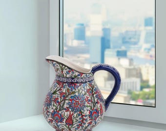Handmade Ceramic Pitcher, Traditional Floral Turkish Ewer, Pitchers with Floral Patterns, Turkish Pottery Jug, Decorative Ceramic Ewer