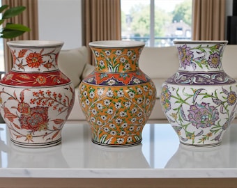Türkische Keramikvase, handgefertigte anatolische Blütenvasenkollektion, bunte dekorative Keramik für elegantes Wohndekor