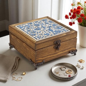 Ceramic Jewelry Display Box, Blue Vine Ceramic Box, Handmade Wooden Organizer with Turkish Tile, Keepsake Gift Storage for Her, Jewelry Box