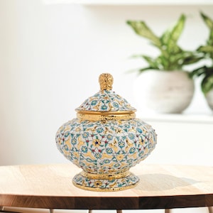 Ceramic Decorative Jar, Golden Bloom Jar, Handmade Ceramic Jar for Tabletop, Turkish Jar with Lid, Unique Decorative Jar, Ceramic Candy Jar
