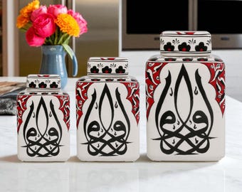 Tarro decorativo de cerámica con tulipán rojo, hecho a mano para sala de estar, con tapa, dorado, cuadrado.