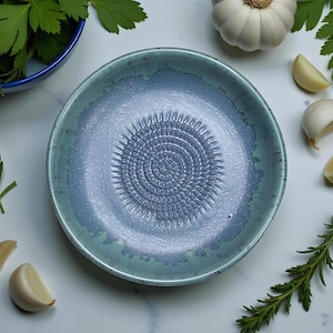 Handmade Ceramic Garlic Grater Bowl, 7" Glazed Grating Plate for Garlic, Cheese & Chocolate
