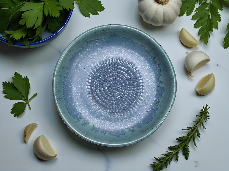 Handmade Ceramic Garlic Grater Bowl, 7" Glazed Grating Plate for Garlic, Cheese & Chocolate