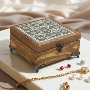 Rustic Wooden Jewelry Box, Imperial Tulip Tile Box, Turkish Ceramic Keepsake Box, Handmade Trinket Box, Jewelry Organizer Gift for Women