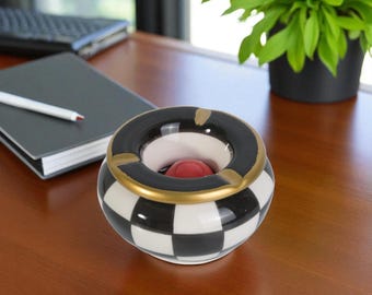 Ceramic Ashtray with Lid, Checkered Ceramic Ashtray, Smokeless Ashtray for Outside Patio, Outdoor Cigar Ashtray, Ash Tray for Living Room