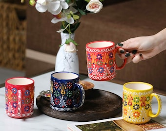 Taza de cerámica turca pintada a mano: Taza de 280 ml con diseño floral