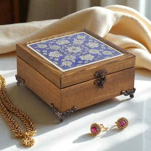 Handmade Jewelry Holder Box, Indigo Bloom Ceramic Box, Turkish Ceramic Inlay Wooden Box, Unique Organizer for Rings, Earrings, Bracelets
