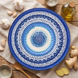 Puede incluir: Un plato de cerámica redondo, azul y blanco, con un intrincado patrón concéntrico. El plato está rodeado de dientes de ajo, bulbos de ajo enteros, jengibre, una cuchara de madera y cuencos pequeños. También se ve una botella de aceite.