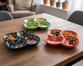 Handmade Turkish Ceramic Snack Platter, 4 Compartment Serving Tray, Colorful Appetizer & Nut Dish, Lead-Free Decorative Mezze Plate