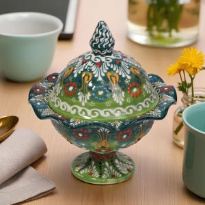Turkish Ceramic Sugar Bowl, Decorative Bowl with Lid, Hand Painted Storage Bowl for Sugar, Salt, or Spices, Colorful Kitchen Table Decor