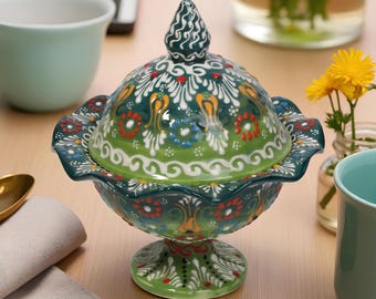 Turkish Ceramic Sugar Bowl, Decorative Bowl with Lid, Hand Painted Storage Bowl for Sugar, Salt, or Spices, Colorful Kitchen Table Decor