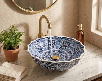 Handpainted Ceramic Vessel Sink, Blue Ornamental Bathroom Basin, Scalloped Floral Vanity Sink, Decorative Countertop Wash Basin