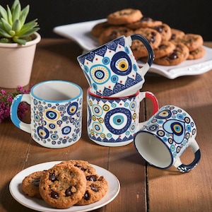 Ceramic Espresso Cups, 8 Oz Coffee Cups Set, Devil Eye Ceramic Cups Sets, Ceramic Cups Set for Coffee Lovers, Decorative Turkish Cups