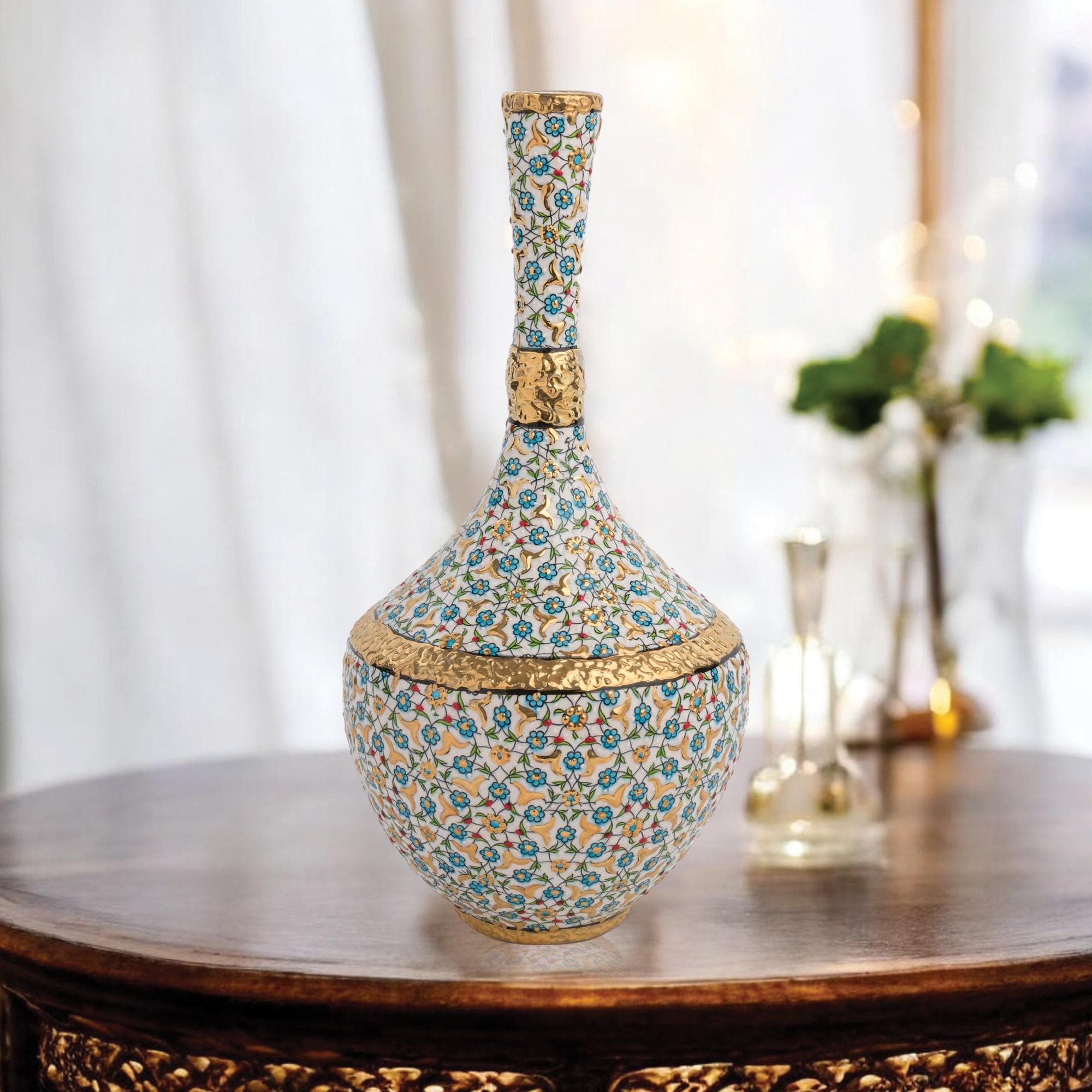 Handmade Ceramic Floral Vase: Gold Accent Ottoman Decor Vase
