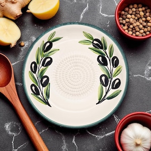 Ceramic Grater Bowl, 7&quot; Ceramic Grater Plate, Olive Branch Grater Bowl, Handmade Ginger Grater for Cheese & Chocolate, Vegetable Rub Plate