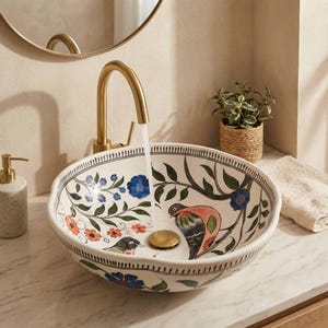 May include: A round ceramic vessel sink featuring a hand-painted botanical pattern with colourful birds, blue and orange flowers, and green leaves. The basin includes a gold-toned drain and is paired with a tall, curved gold-toned faucet.