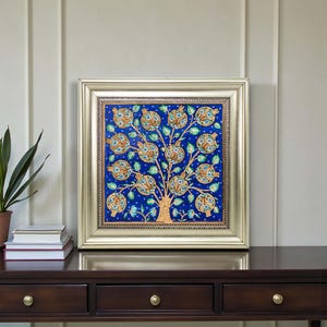 Handmade Ceramic Tile, Blue Pomegranate Tree Tile, Golden Decorative Tile, Decorative Kitchen Tile, Hand Painted Turkish Tile for Bathroom