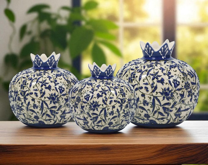 Handmade Ceramic Pomegranate Vase, Blue Blossom Vase, Ceramic Tabletop Vase, Modern Accent Vase, Decorative Vase for Living Room Decor