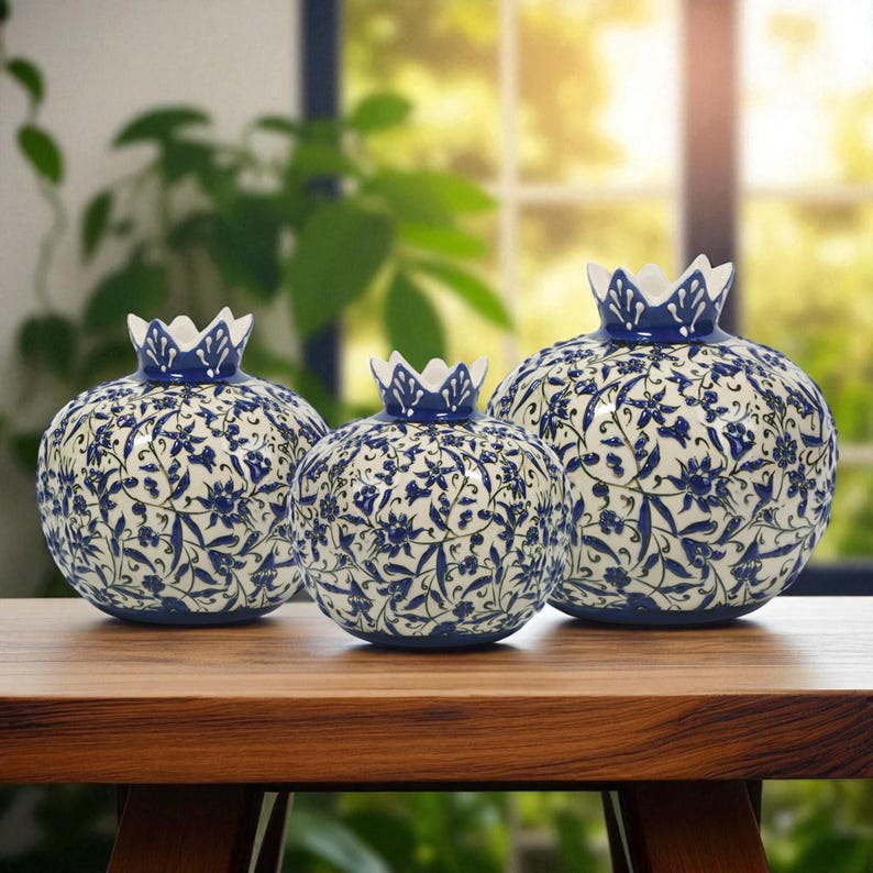 Handmade Ceramic Pomegranate Vase, Blue Blossom Vase, Ceramic Tabletop Vase, Modern Accent Vase, Decorative Vase for Living Room Decor