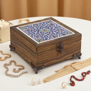 Ceramic Jewelry Storage Box, Royal Motif Tile Ceramic Box, Handmade Turkish Wood Box with Decorative Tile, Organizer for Rings & Bracelets
