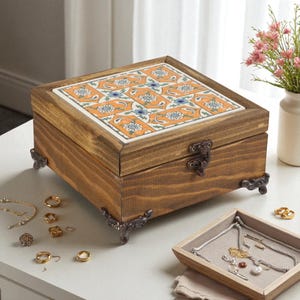 Unique Jewelry Organizer Gift, Orange Grid Ceramic Box, Handmade Turkish Ceramic Tile Wooden Box for Rings, Necklaces, Earrings & More