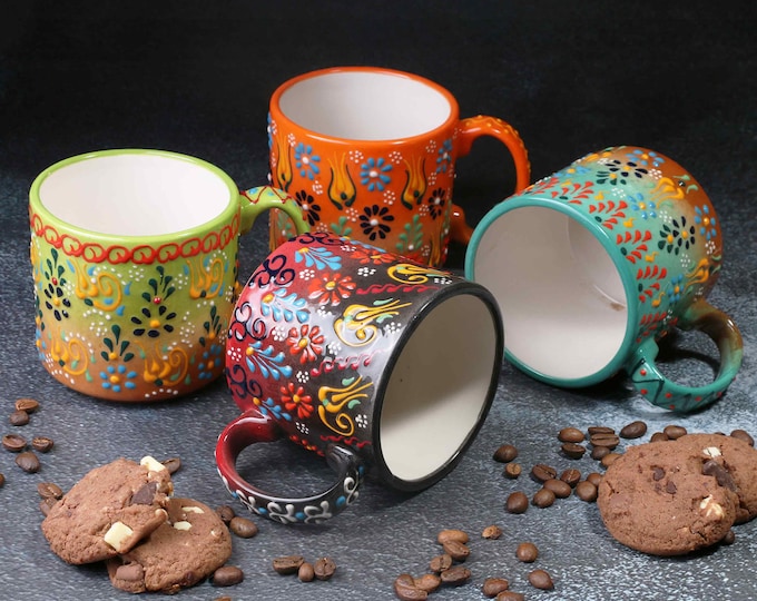 Handmade Ceramic Coffee Mug Set: Turkish Painted Mugs, 12 oz Coffee Cups