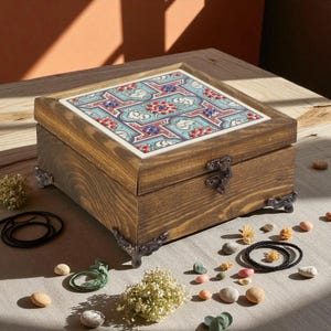 Ceramic Jewelry Box Organizer, Ottoman Geometric Ceramic Box, Handmade Turkish Wood Keepsake Box, Rustic Storage for Women’s Accessories