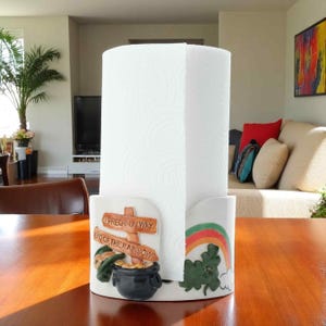 Ceramic Towel Holder for Kitchen, Handmade Ceramic Paper Towel Bar, Napkin Holder, Hand Painted Paper Towel Holder, St. Patrick Day Gift