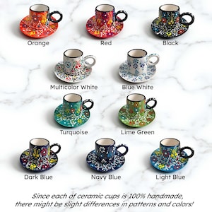 May include: A collection of colorful ceramic coffee cups and saucers. Each cup and saucer features a unique floral pattern in various colors, including orange, red, black, and blue. The text on the image says "Orange", "Red", "Black", "Multicolor White", "Blue White", "Turquoise", "Lime Green", "Dark Blue", "Navy Blue", and "Light Blue".