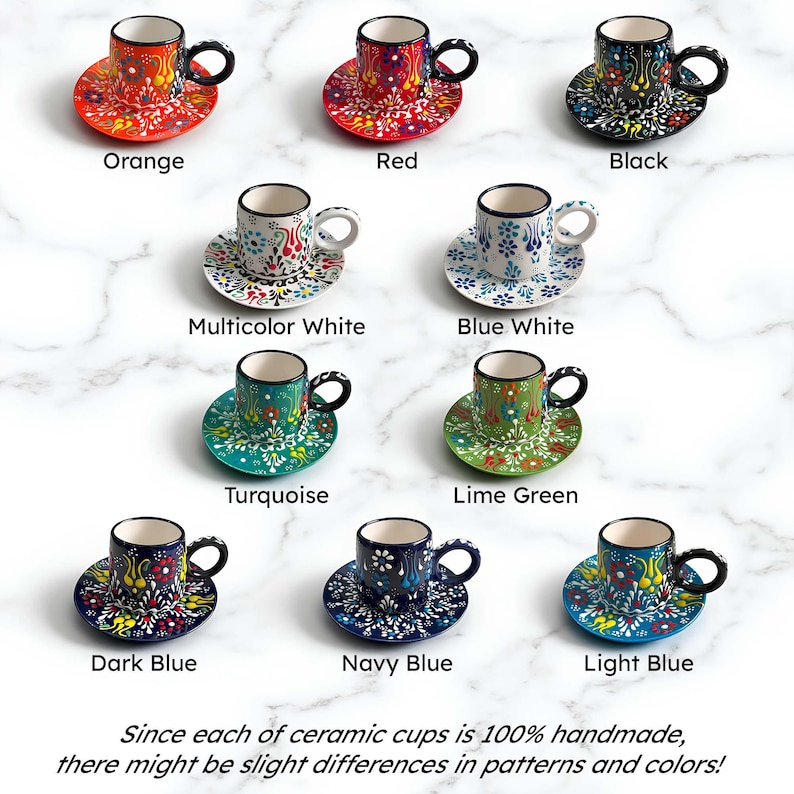 May include: A collection of colorful ceramic coffee cups and saucers. Each cup and saucer features a unique floral pattern in various colors, including orange, red, black, and blue. The text on the image says "Orange", "Red", "Black", "Multicolor White", "Blue White", "Turquoise", "Lime Green", "Dark Blue", "Navy Blue", and "Light Blue".