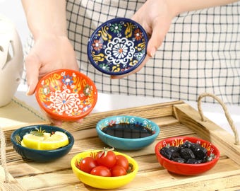 Cuencos de cerámica hechos a mano: Platos florales para especias, juego de 6 cuencos para picar