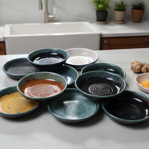 Handmade Ceramic Garlic Grater Bowl, 7" Glazed Grating Plate for Garlic, Cheese & Chocolate