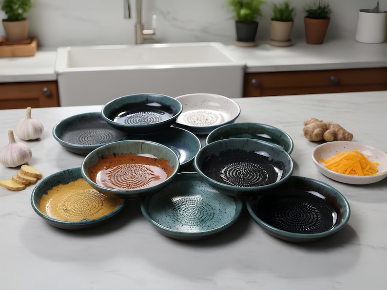 Handmade Ceramic Garlic Grater Bowl, 7" Glazed Grating Plate for Garlic, Cheese & Chocolate