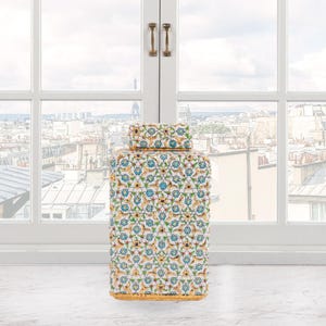 Ceramic Decorative Jar, Turquoise Bloom Jar, Handmade Ceramic Jar for Living Room , Turkish Jar with Lid, Golden Decorative Jar, Square Jar