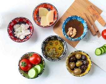 Cuencos de cerámica pintados a mano: Platos de especias turcas, juego de 6 cuencos para desayuno