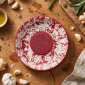 Puede incluir: Un plato rallador de ajo de cerámica moteada roja y blanca con un centro texturizado. El plato está rodeado de dientes de ajo, hierbas y un pequeño cuenco de aceite sobre una superficie de madera. Una herramienta de cocina.