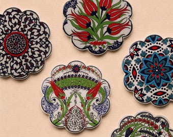 Handmade Ceramic Coasters, 4" Turkish Coasters, Trivet for Hot Coffee Cup, Heat Resistant Coasters Set, Glazed Ceramic Pads, Pottery Gift