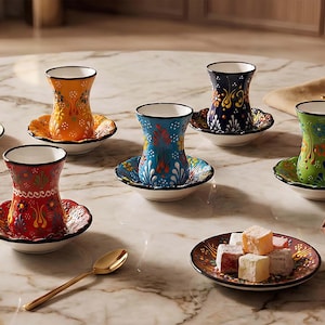 Turkish Tea Cups, Ceramic Turkish Tea Sets, Tea Cups with Saucers, Handmade Ceramic Tea Cups, Vintage Tea Sets, Gift for Tea Party Lovers