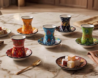 Turkish Tea Cups, Ceramic Turkish Tea Sets, Tea Cups with Saucers, Handmade Ceramic Tea Cups, Vintage Tea Sets, Gift for Tea Party Lovers