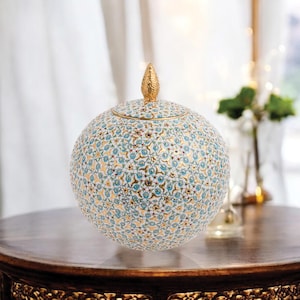 Ceramic Decorative Jar, Floral Globe Jar, Turkish Jar with Lid, Handmade Ceramic Jar for Home Art Display, Unique Golden Jar with Lid