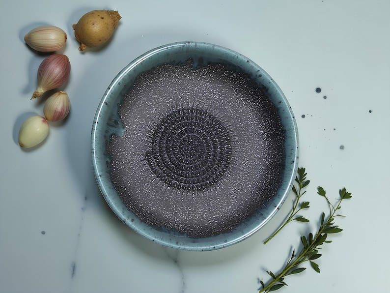 Handmade Ceramic Garlic Grater Bowl, 7" Glazed Grating Plate for Garlic, Cheese & Chocolate